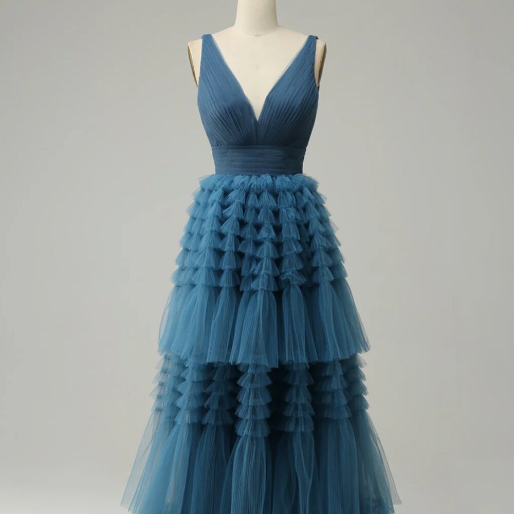 Blue V-Neck Evening Gown